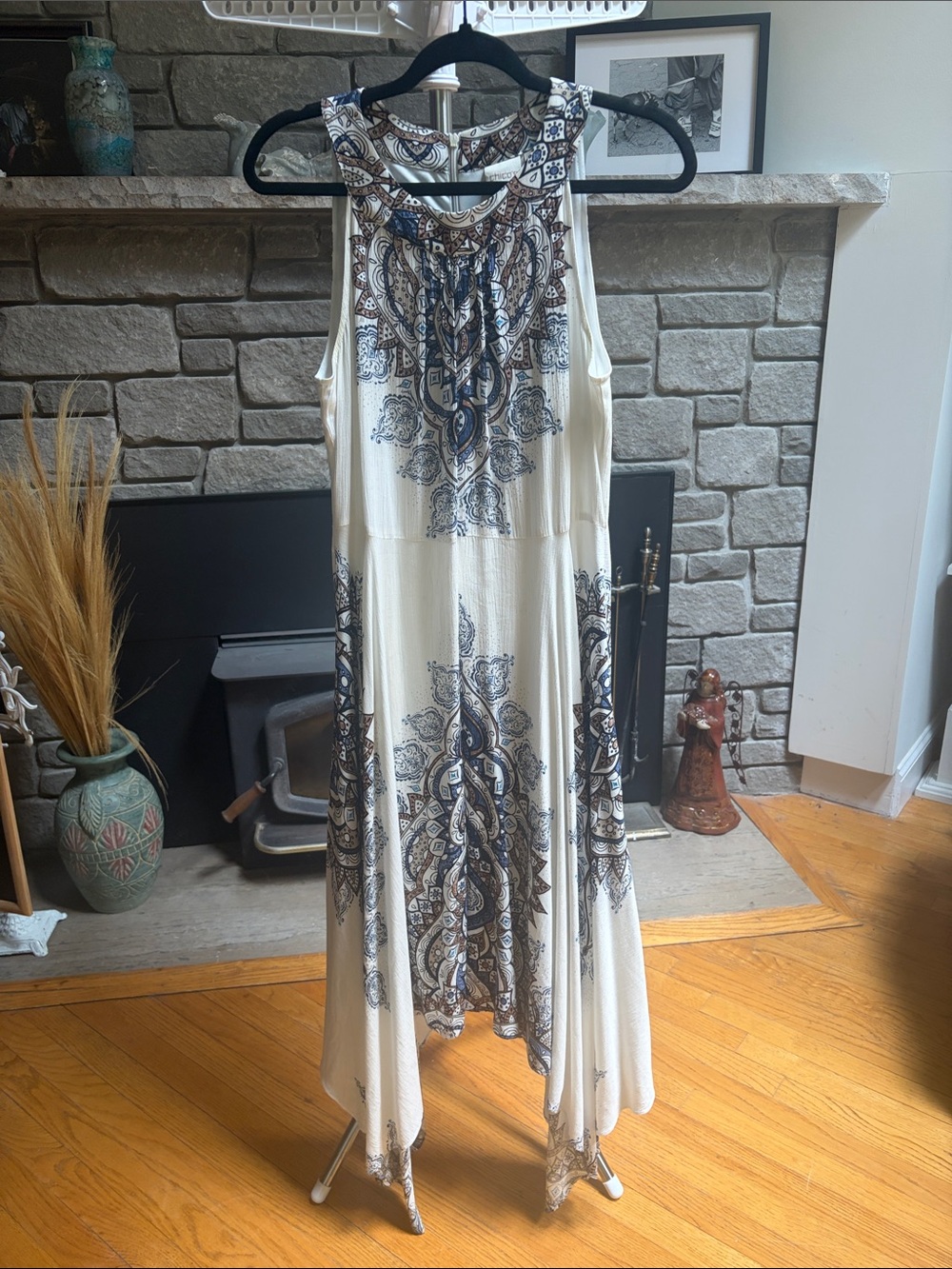 Chico's Ivory Maxi Dress with Blue and Brown Paisley Print Boho Style